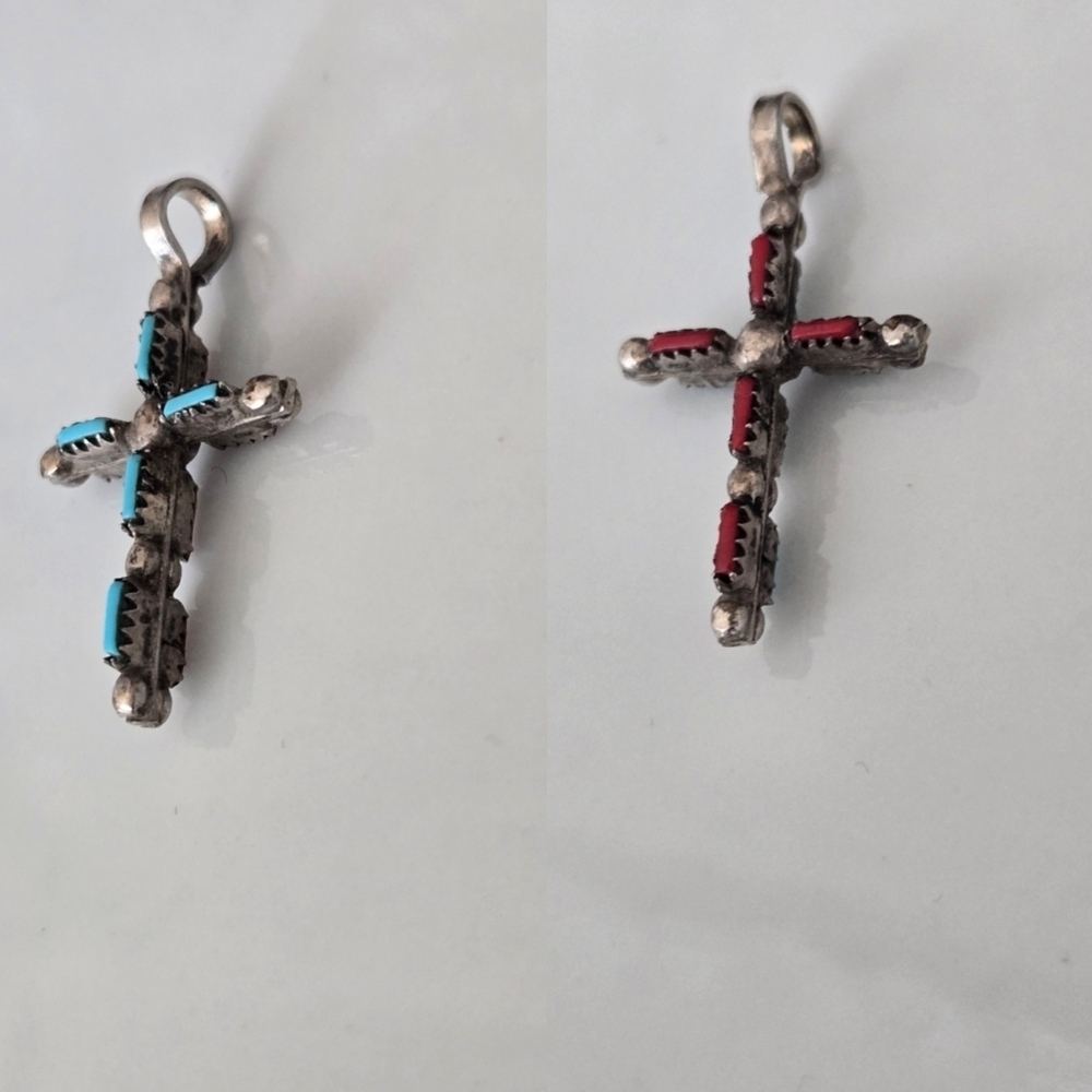 Vtg Zuni 925 Sterling Turqouise And Coral Cross Pendant